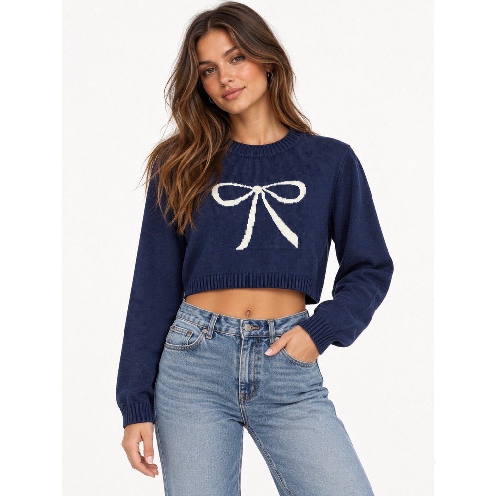 Edikted Blue Bow Graphic Cropped Knit Sweater XS/S Long Sleeve Coquette Top